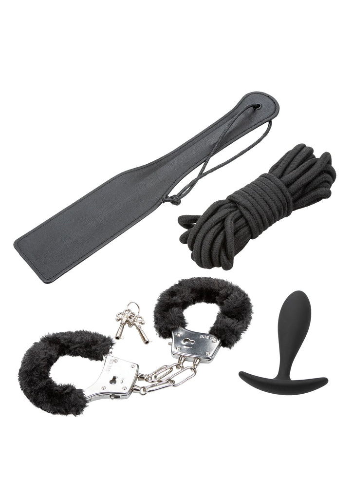 Σετ bondage για αρχάριους με γούνινα cuffs, σχοινί και paddle